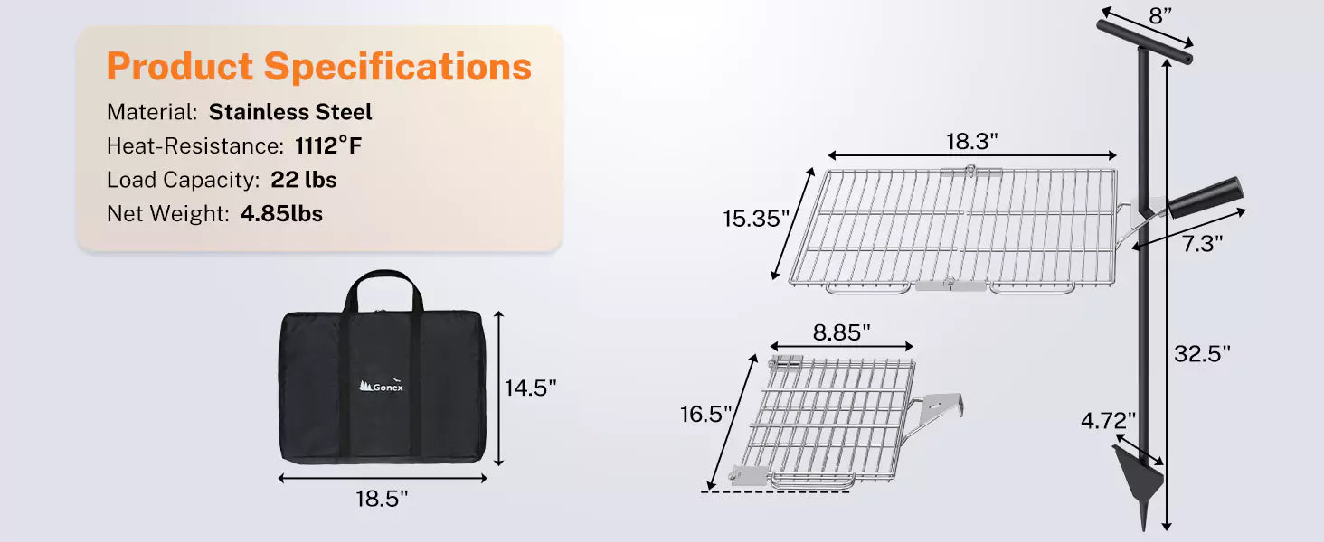 Product specifications of foldable swivel campfire grill grate