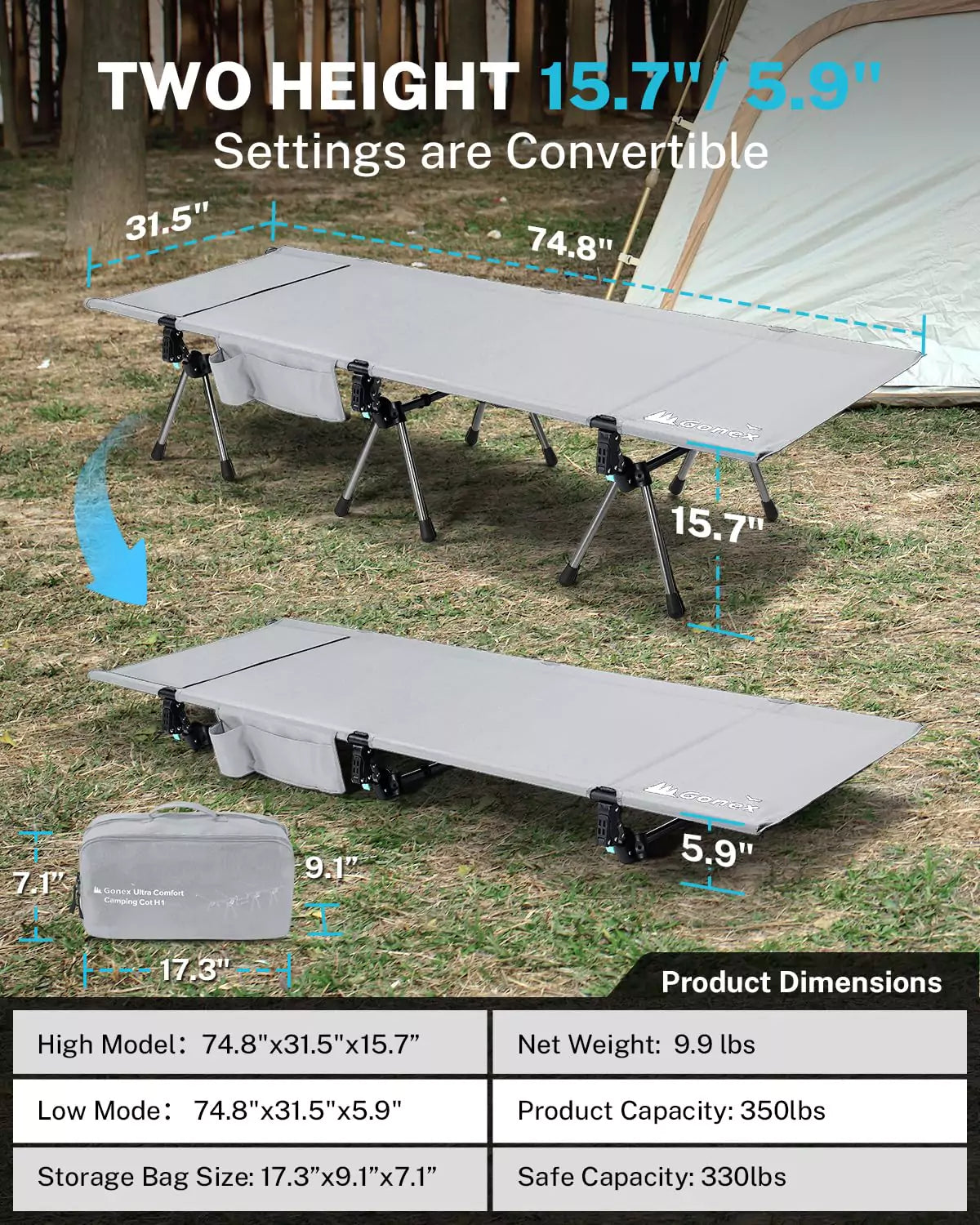 Two height of gonex folding cots for adults