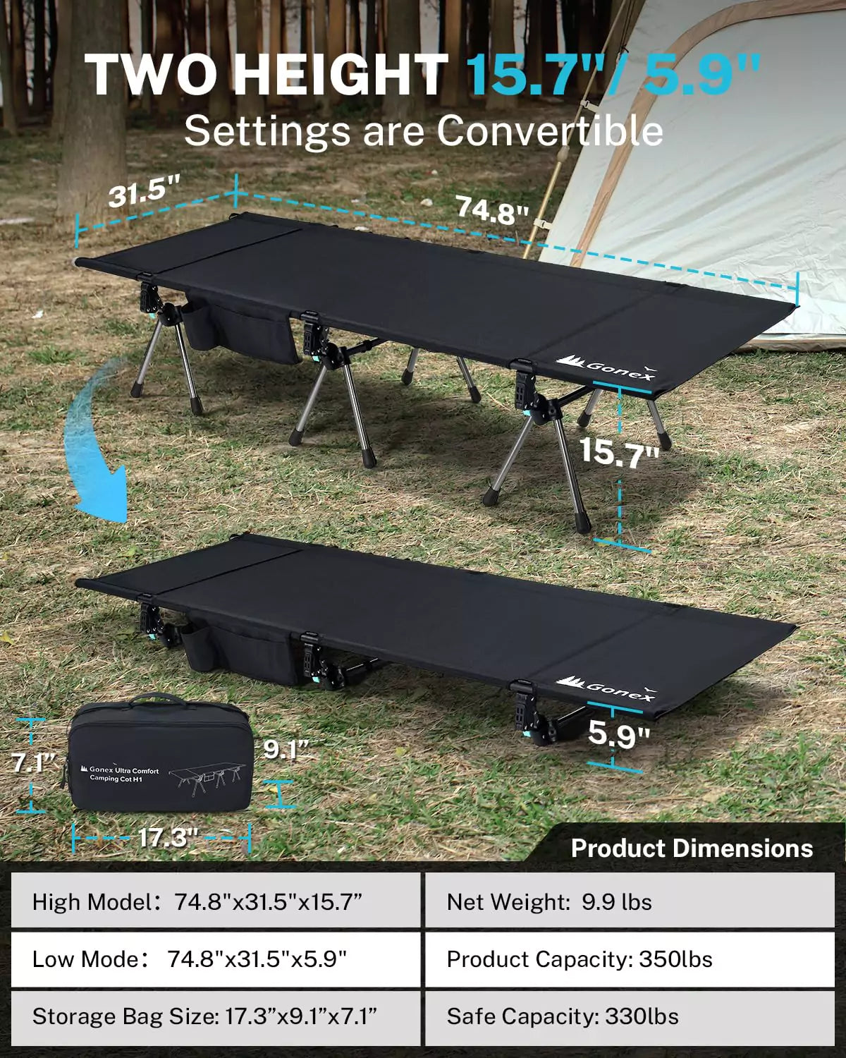 Two height of folding sleeping cots for adults
