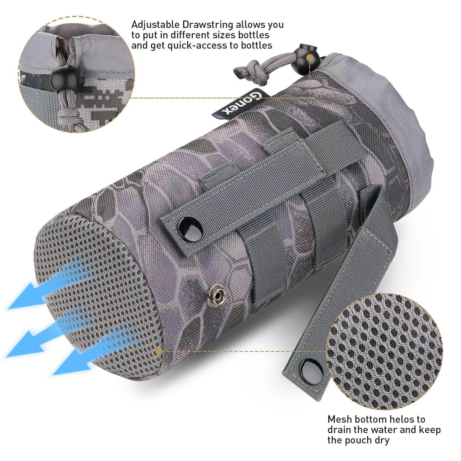 Features of molle water bottle pouch snake camo