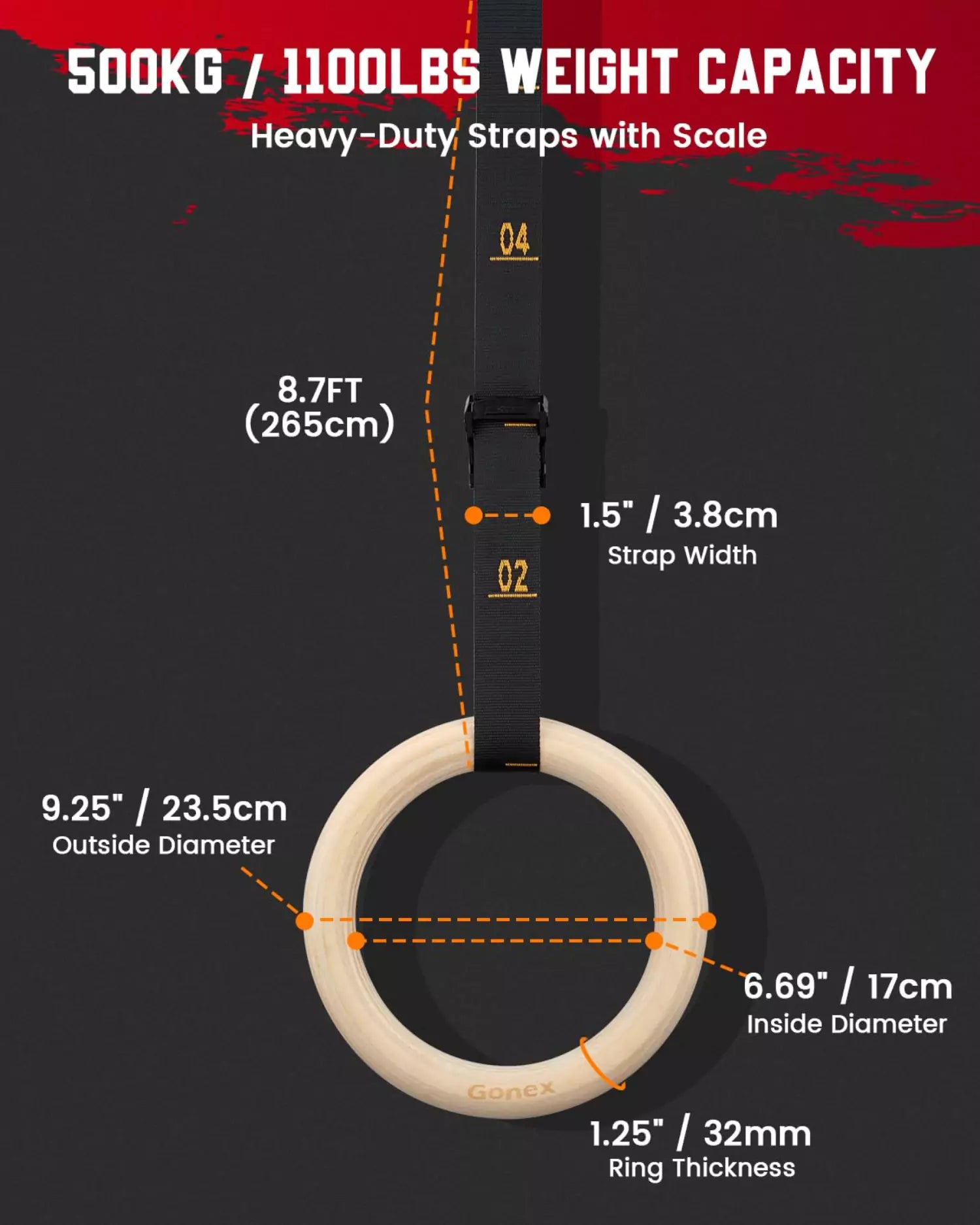 500 kg / 1100 lbs weight capacity of gonex gymnastic rings for workout