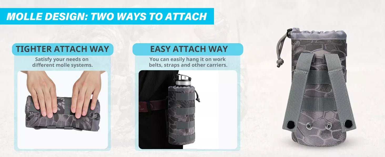 Two ways to attach molle mesh water bottle pouch snake camo
