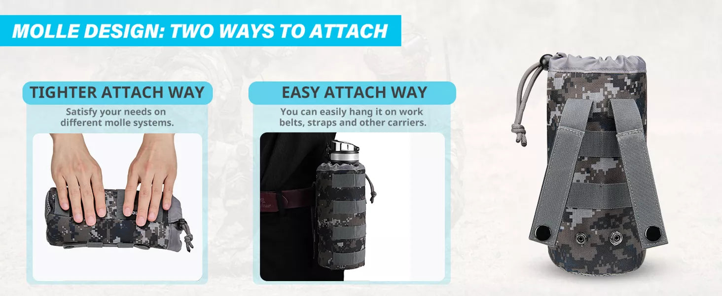 Two ways to attach camo green molle pouch water bottle