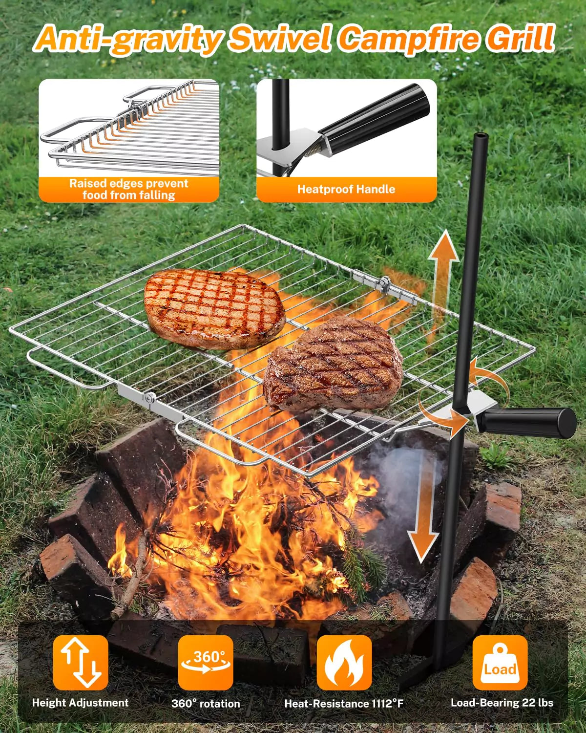 Anti-gravity swivel campfire grill grate