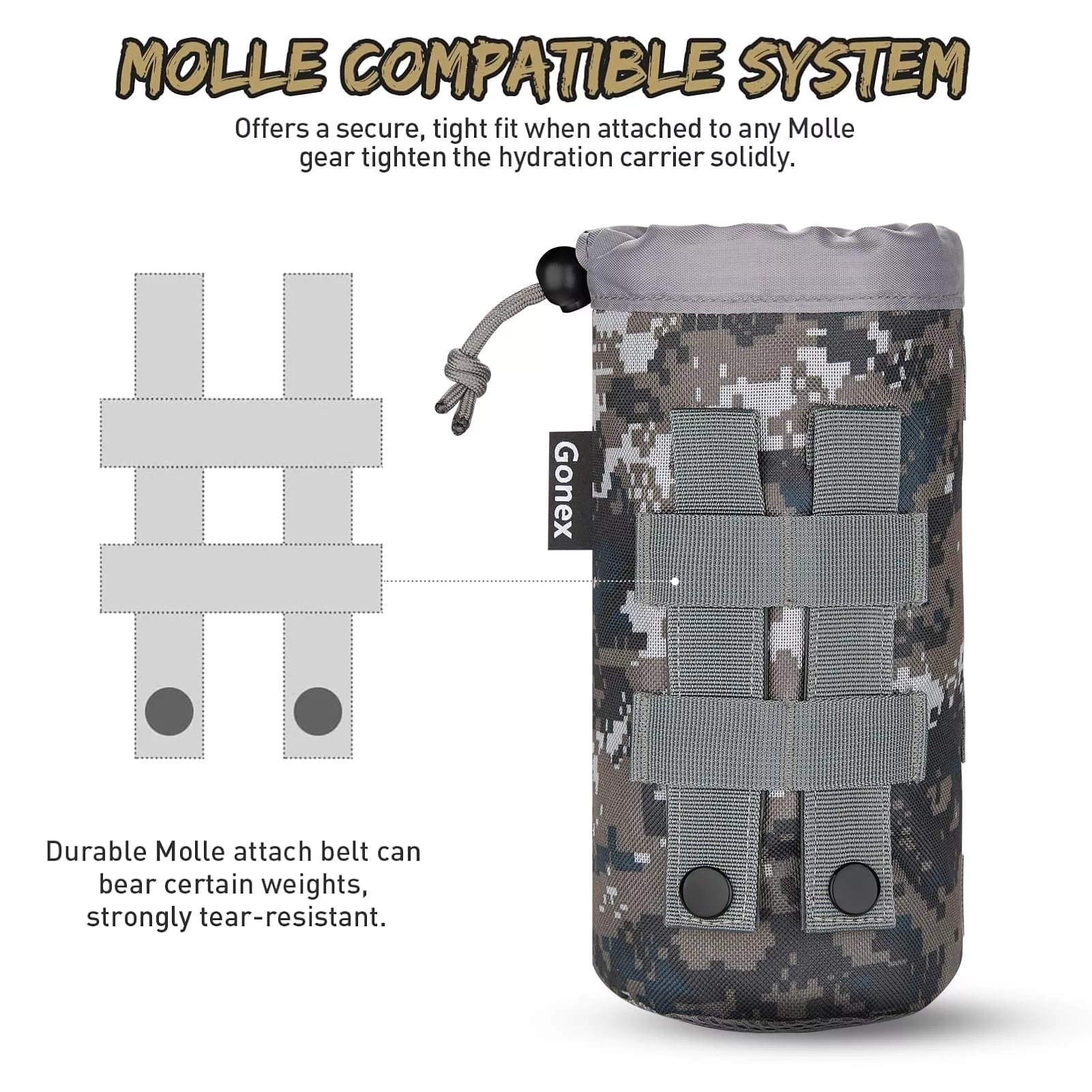 Molle compatible system with water bottle molle pouch camo green
