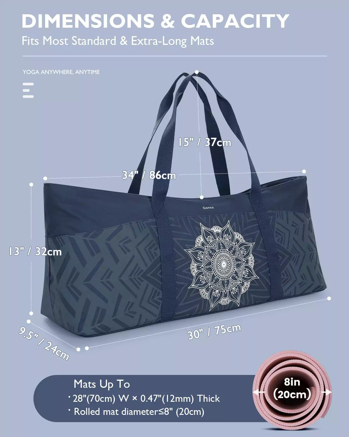 Dimensions and capacity of gonex yoga bag
