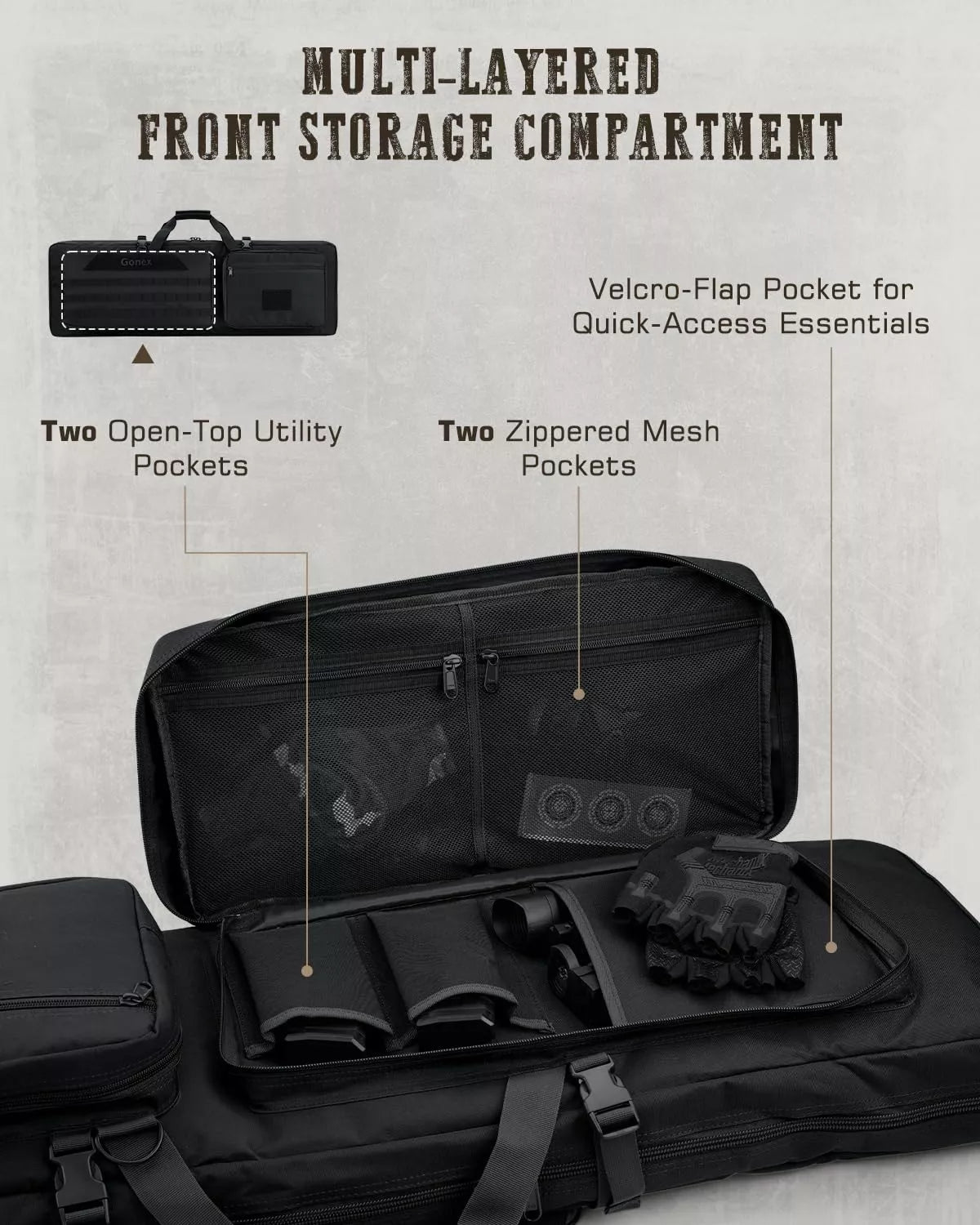 Gonex double rifle bag with multi-layered front storage compartment