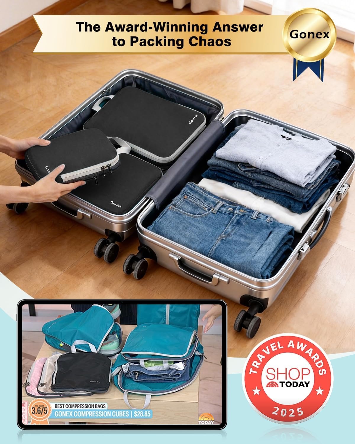 Gonex Compression Packing Cubes Set organized inside a suitcase for efficient travel packing and luggage storage