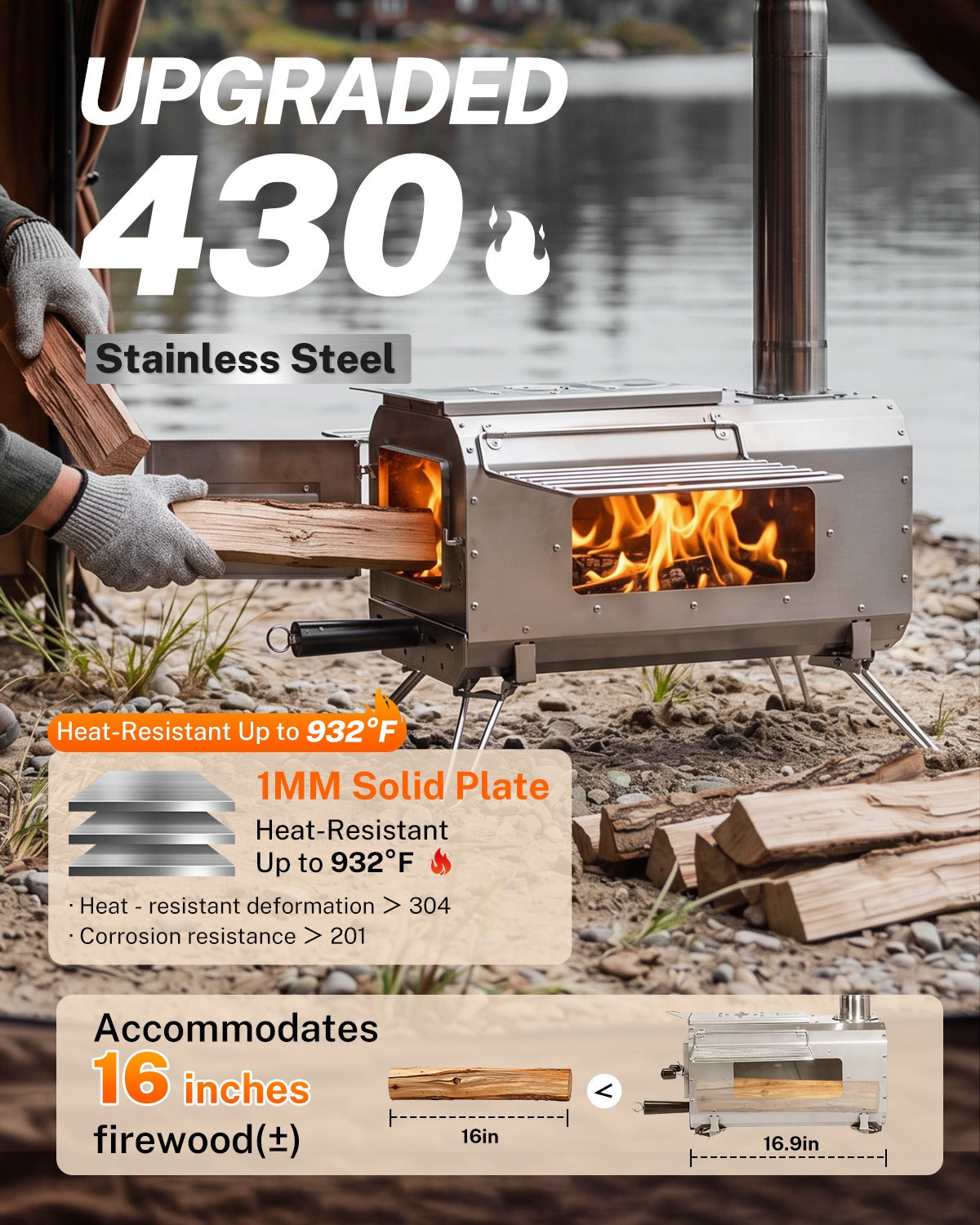 A stainless steel outdoor wood-burning stove shown in a real outdoor setting by the water, with a person&
