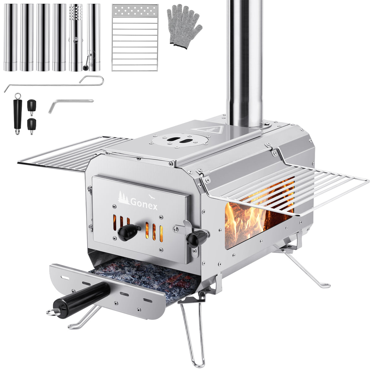 A stainless steel portable wood-burning stove with a chimney stack, shown with accessories including metal rods, a glove, and tools on a white background. The stove has a visible fire inside and the brand name &