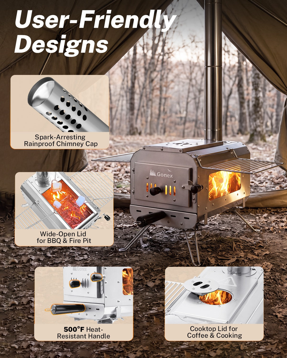 A metal camping stove with an open fire pit and visible flames, shown inside a tent with outdoor forest scenery in the background. Text callouts highlight features such as a spark-arresting rainproof chimney cap, a wide-open lid for BBQ & fire pit, a heat-resistant handle, and cooktop lid for coffee & cooking.