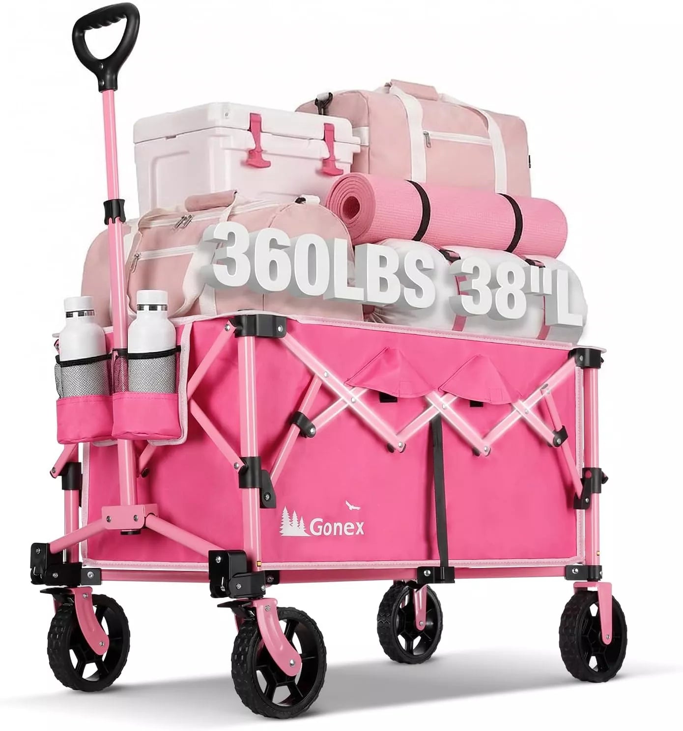 Pink folding cart with various items loaded