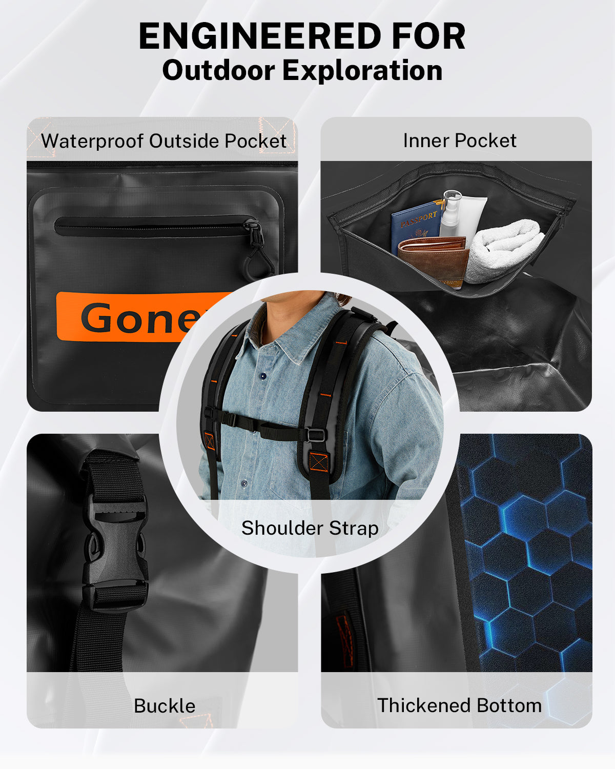 Gonex waterproof duffle bag with outside pocket inner pocket buckle and thickened bottom