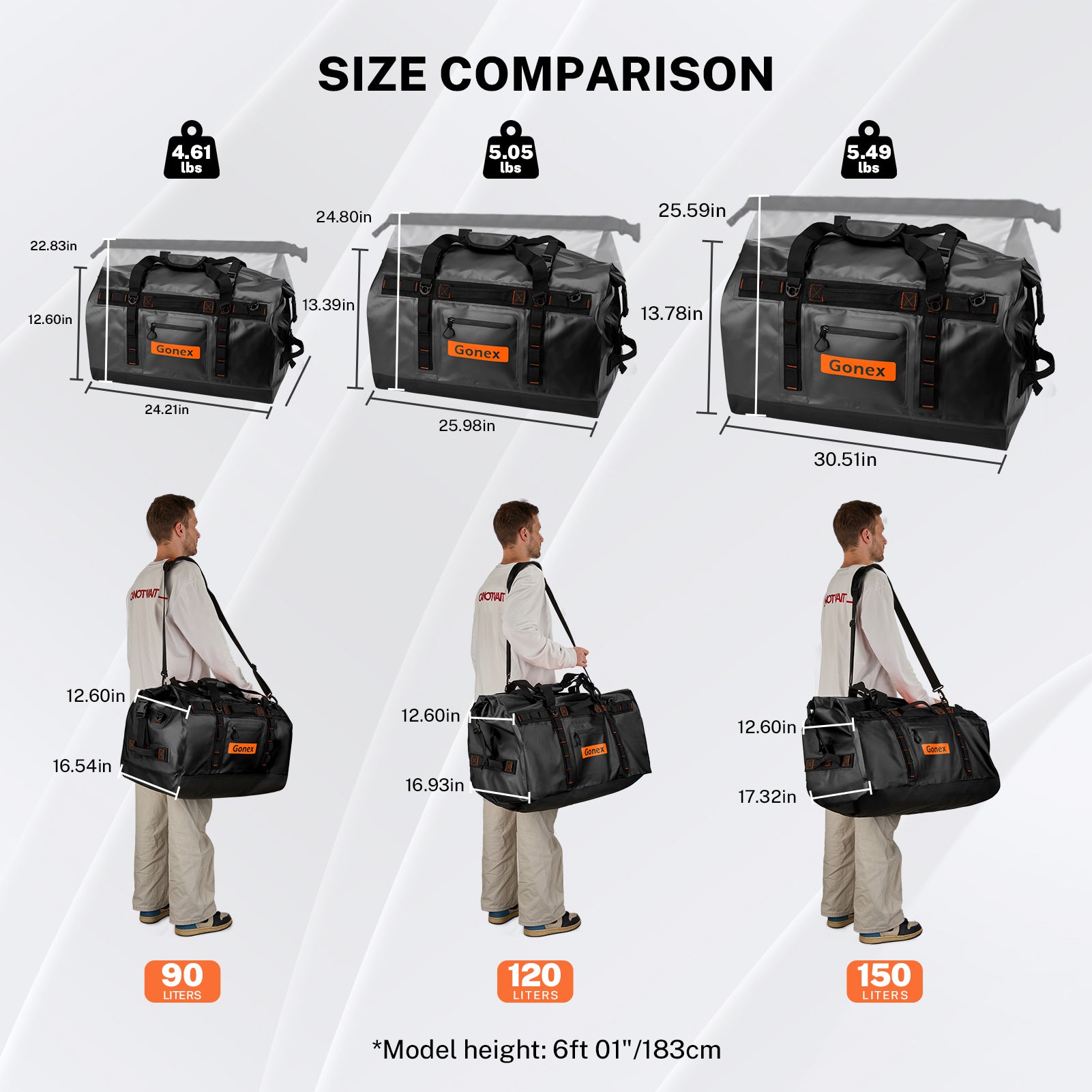 Gonex waterproof duffle bag 90L 120L and 150L size comparison