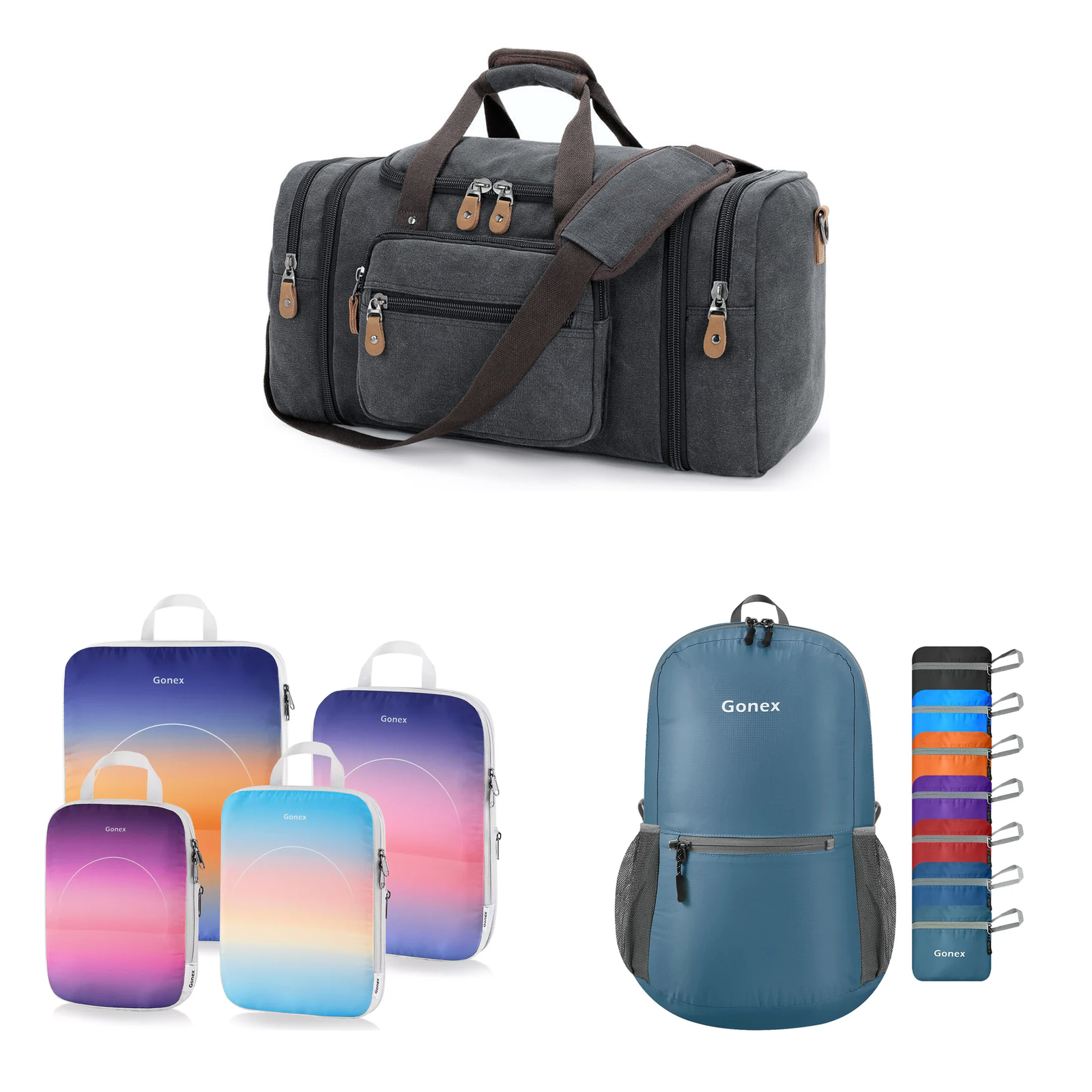 Gonex 3-piece travel set with dark grey canvas duffle, sunset gradient packing cubes, and grey blue packable backpack