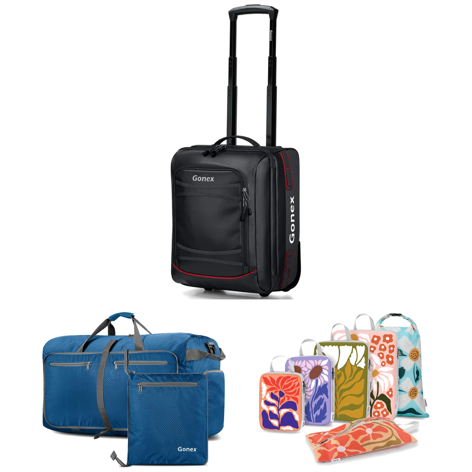 Gonex Road Trip 3-Piece Set with black rolling suitcase, blue duffle bag, and patterned packing organizers.