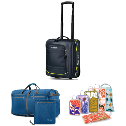 Gonex Road Trip 3-Piece Set with navy rolling suitcase, blue duffle bag, and patterned packing organizers.