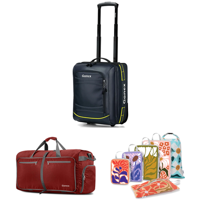 Gonex Road Trip 3-Piece Set with navy rolling suitcase, red duffle bag, and patterned packing organizers.