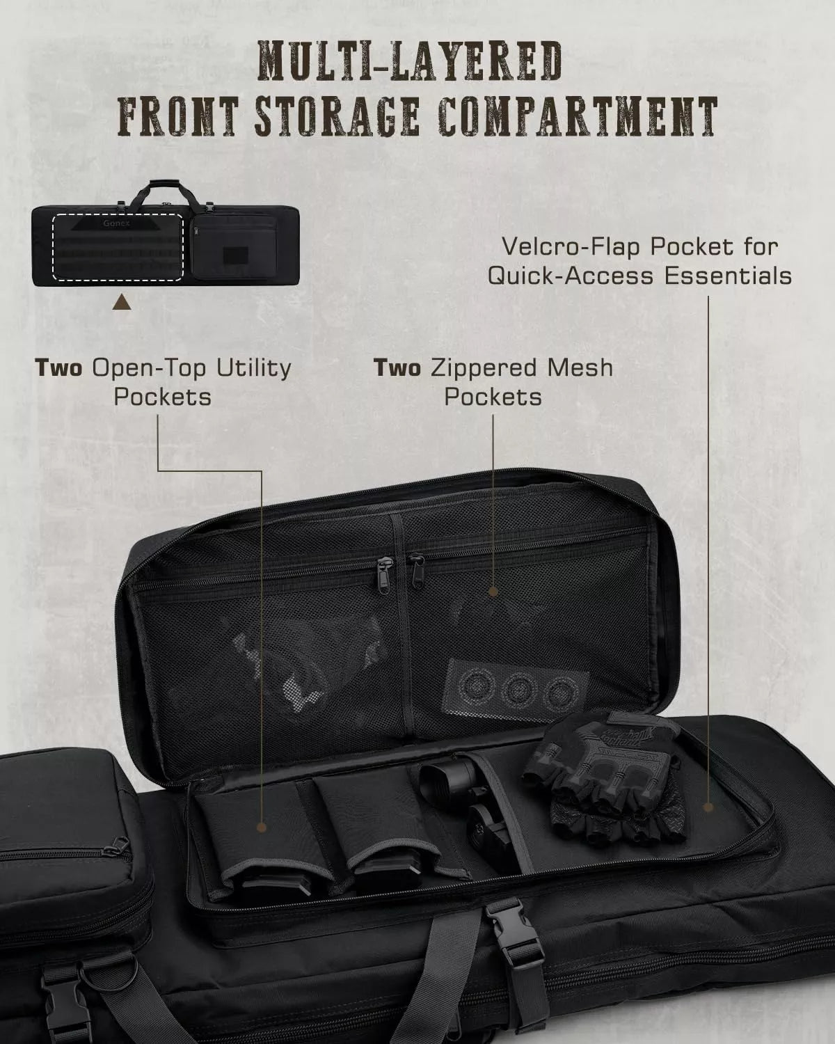 Gonex 42 inch rifle case with multi-layered front storage compartment