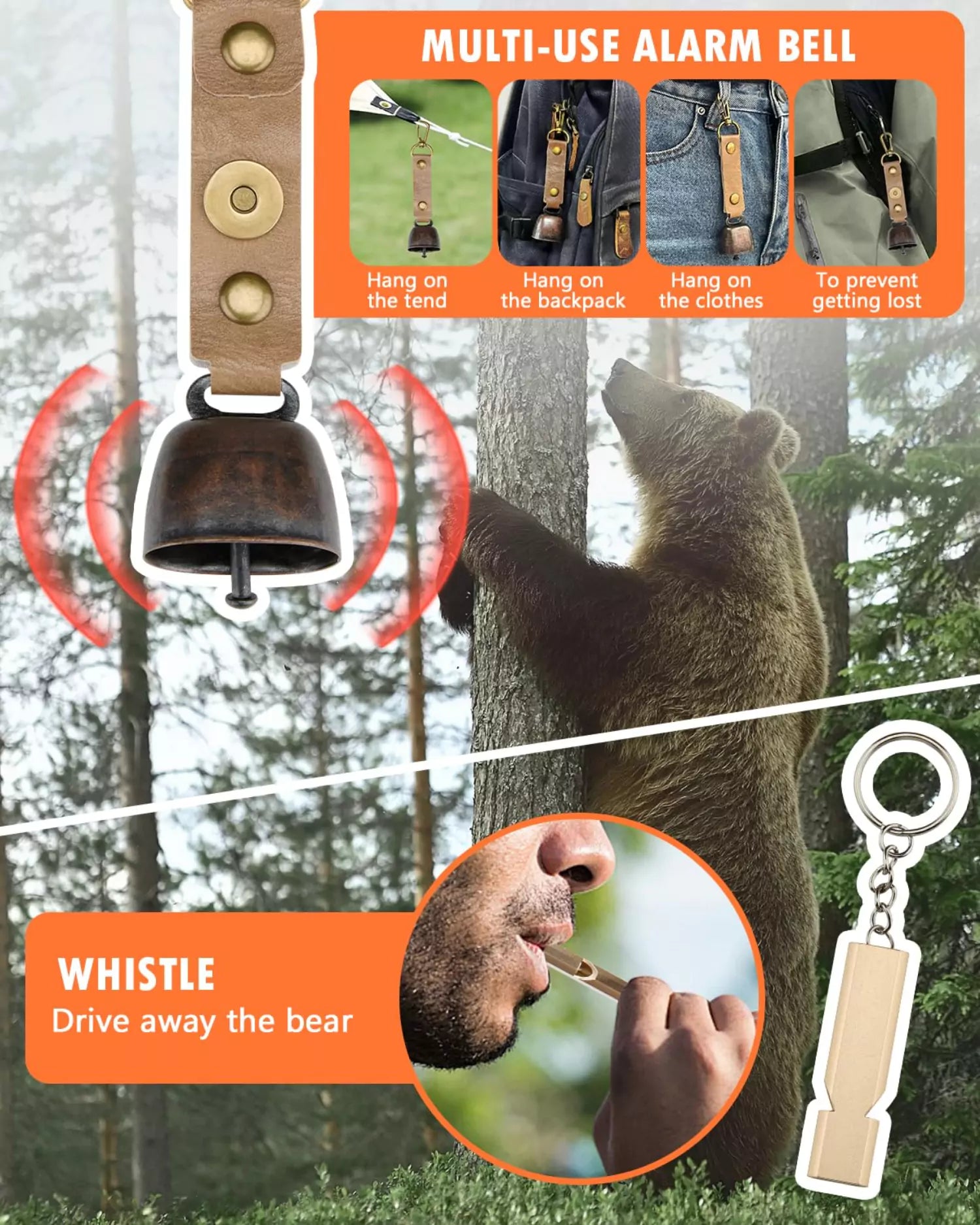 Bear resistant bag with multi use alarm bell and whistle