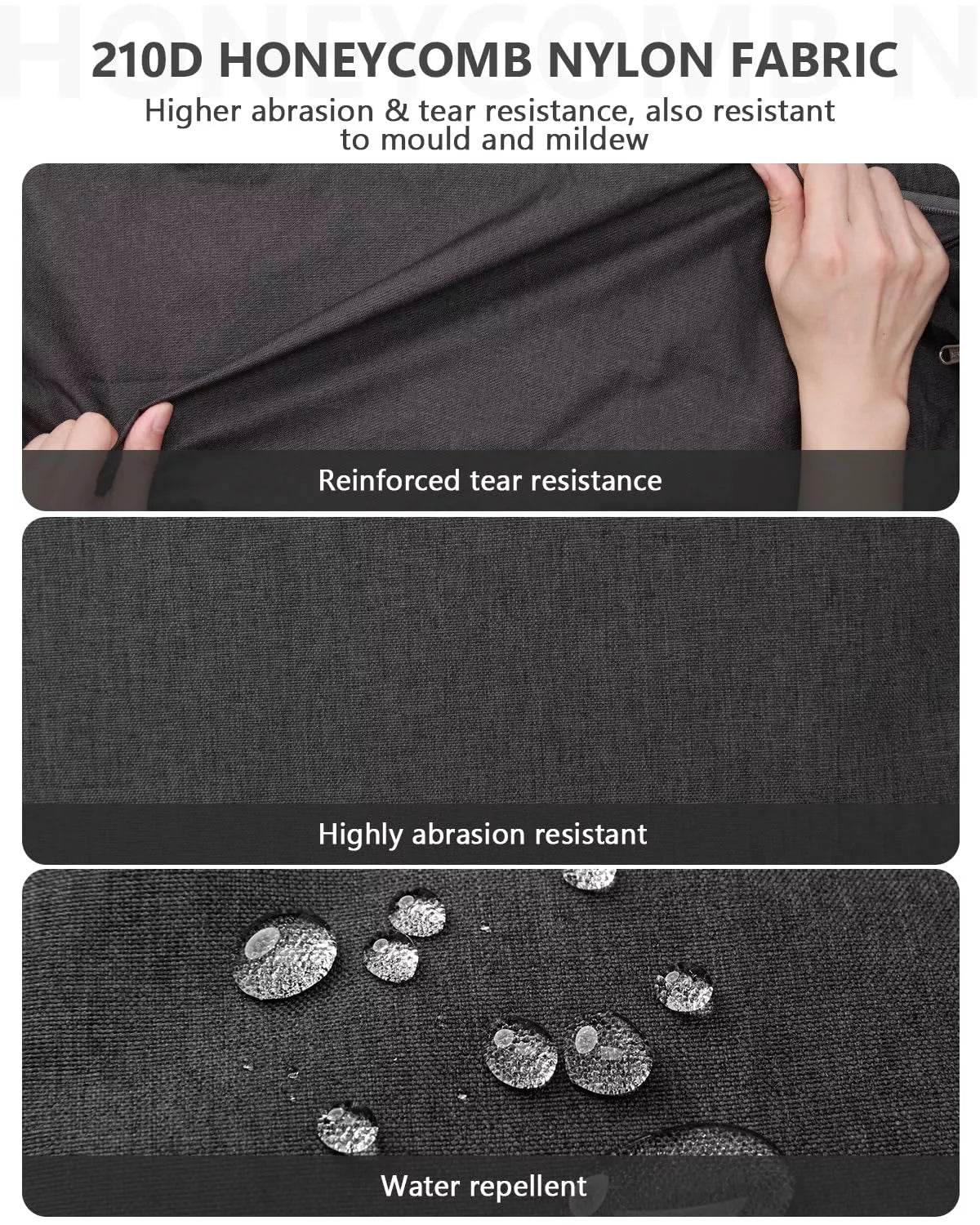 Black 210D honeycomb nylon fabric with text highlighting its properties