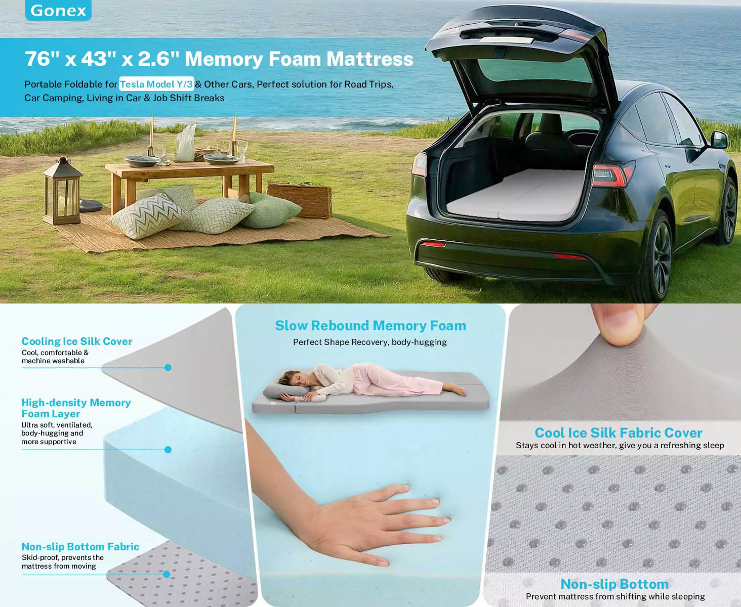 Gonex memory foam car camping mattress