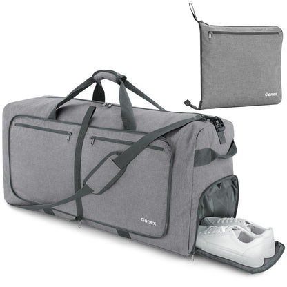 Gray duffel bag 100l with shoe compartment and matching pouch