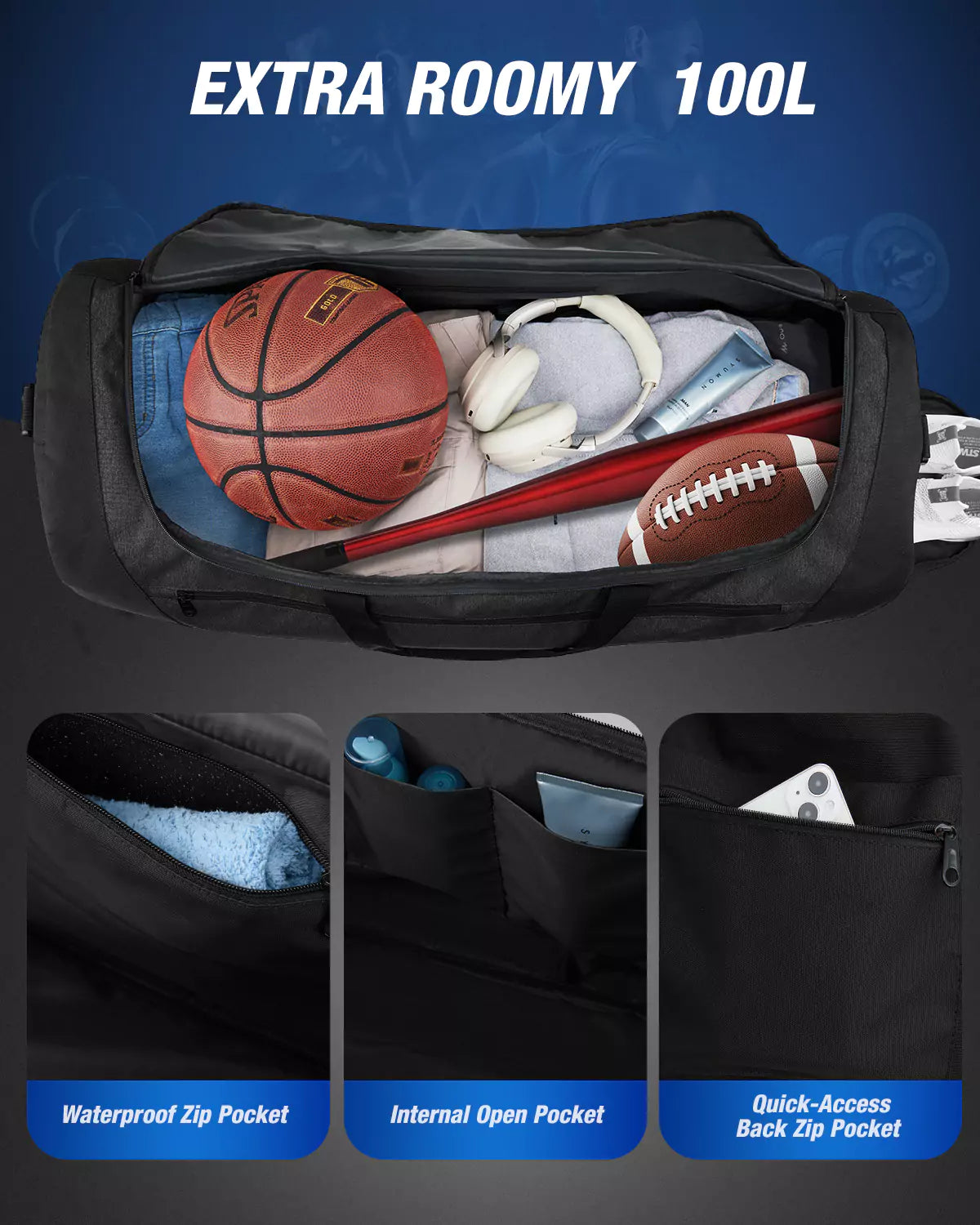 Gym duffle bag with extra roomy 100L