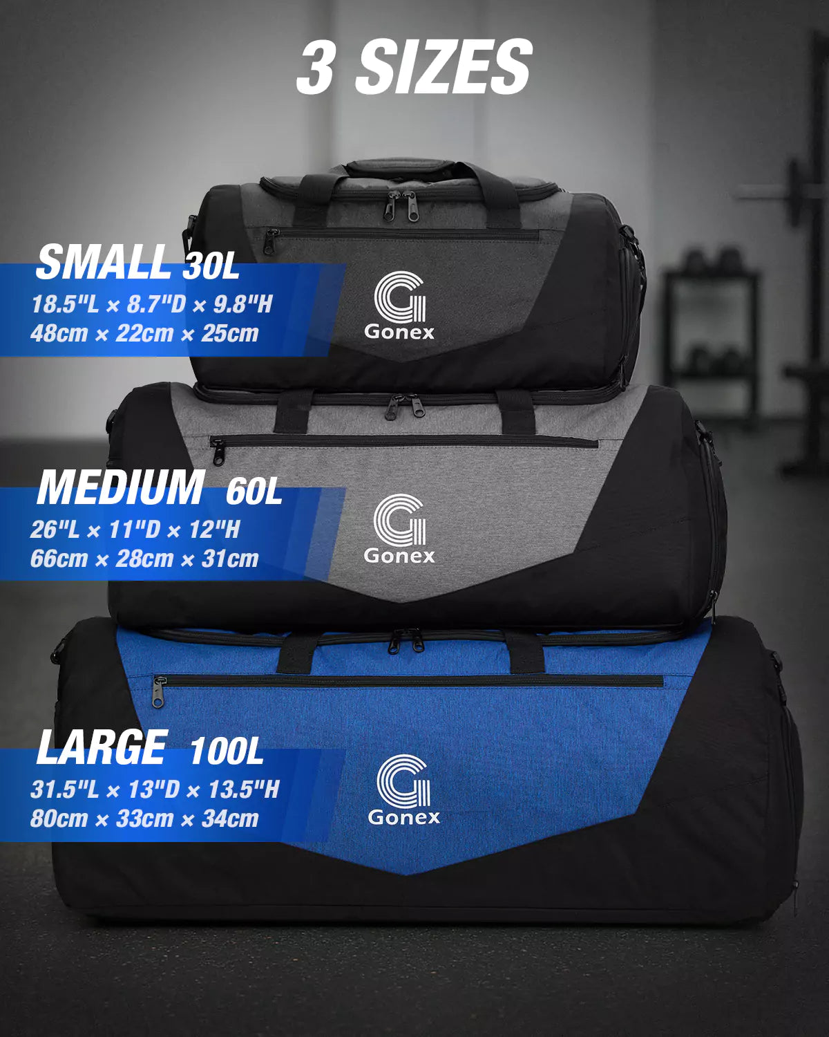3 sizes of duffle sports gym bag