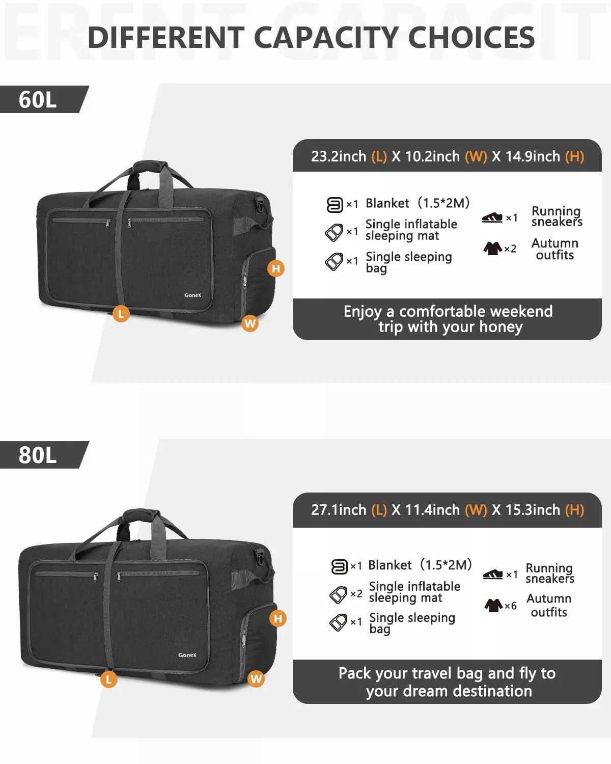 Two black foldable travel bags with capacity labels and dimensions
