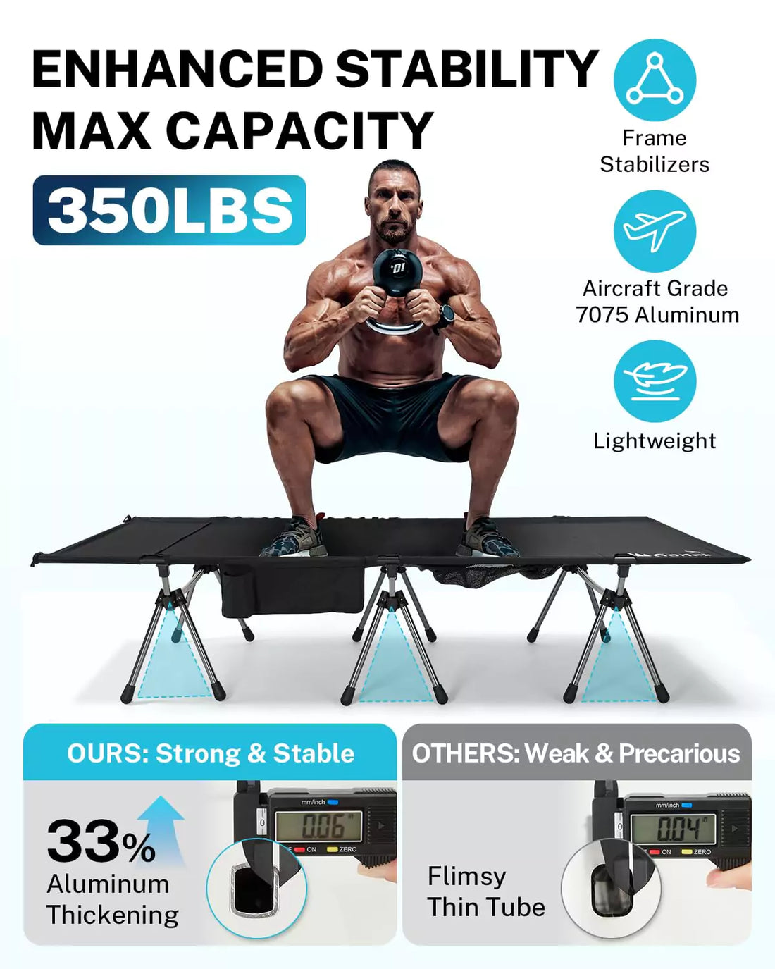 Enhanced stability folding camping cot up to 350 lbs max capacity