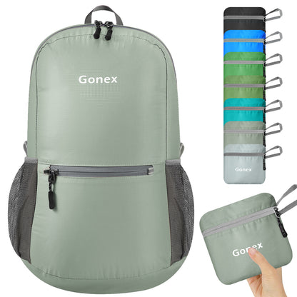A Gonex backpack shown in its expanded form alongside its folded carrying pouch and a vertical stack of folded color-changing compartments. A hand is holding the folded pouch in the bottom right corner.