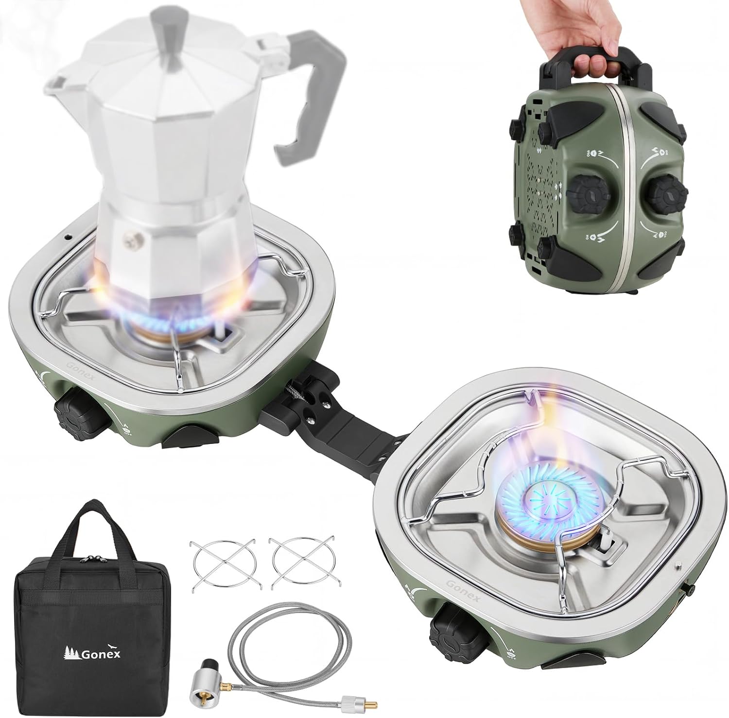 A portable camping stove set shown on a white background, including a green and silver stove base with a blue flame, a matching stove base with a moka pot on top, a hand holding the stove handle, a black carrying bag with the Gonax logo, two metal trivet pieces, and a hose connector.

