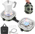 A portable camping stove set shown on a white background, including a green and silver stove base with a blue flame, a matching stove base with a moka pot on top, a hand holding the stove handle, a black carrying bag with the Gonax logo, two metal trivet pieces, and a hose connector.


