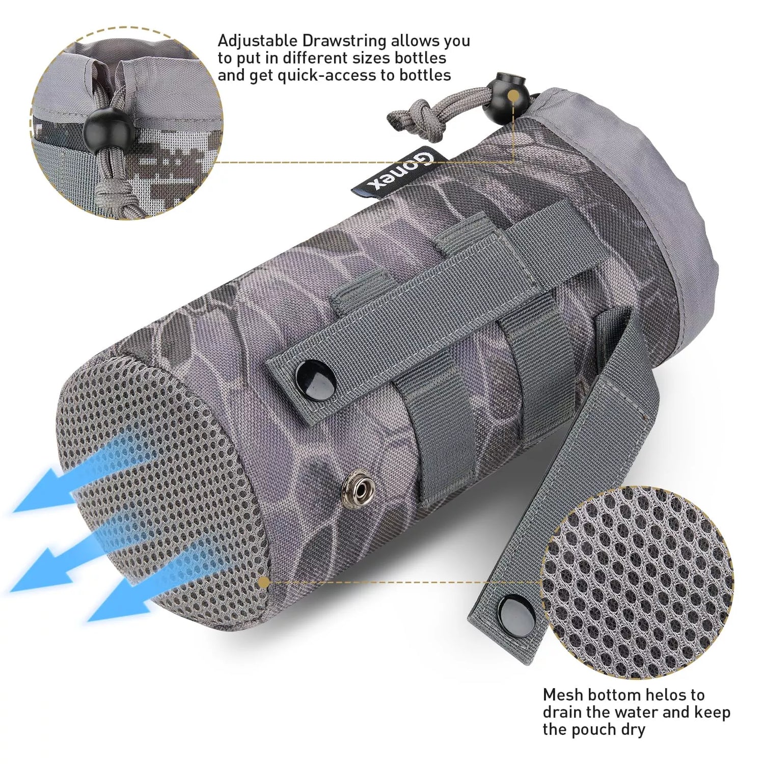 Features of molle water bottle pouch snake camo