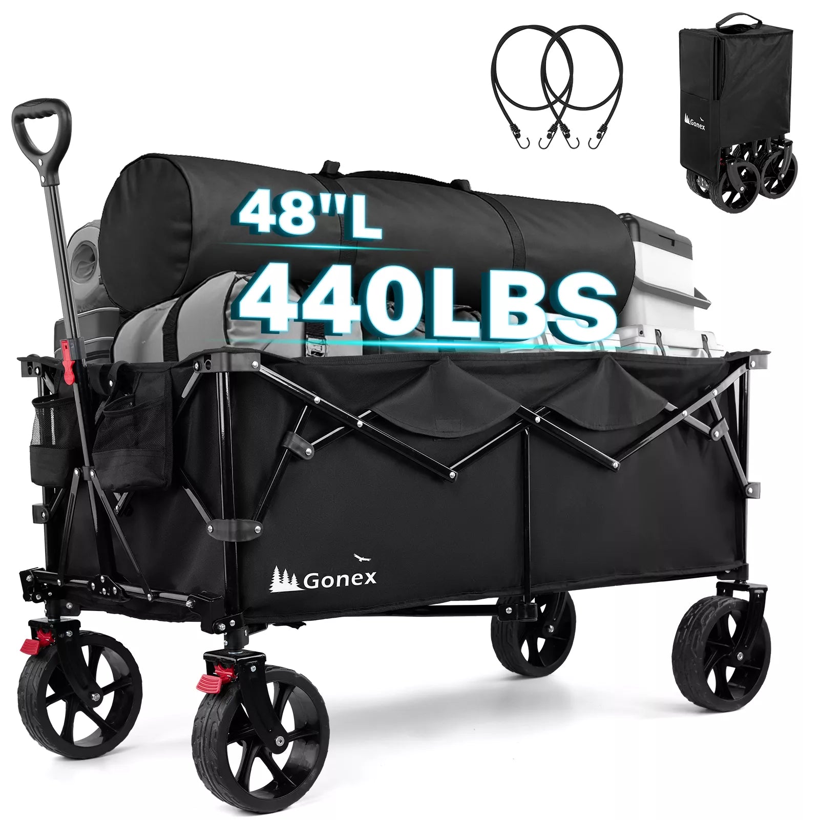 Black folding wagon with storage bag, handles, and power bank on a white background