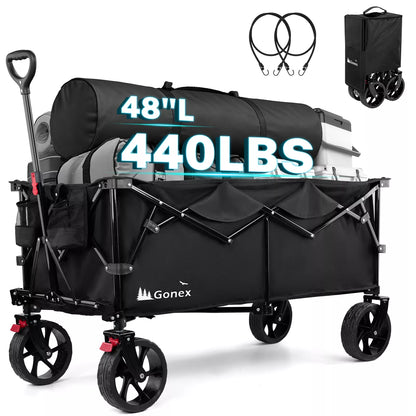Black folding wagon with storage bag, handles, and power bank on a white background