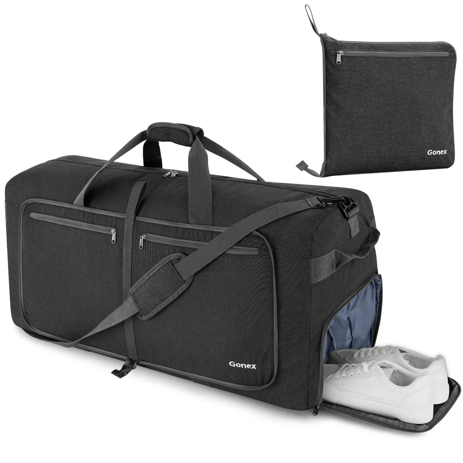 Black duffel bag with a smaller black pouch