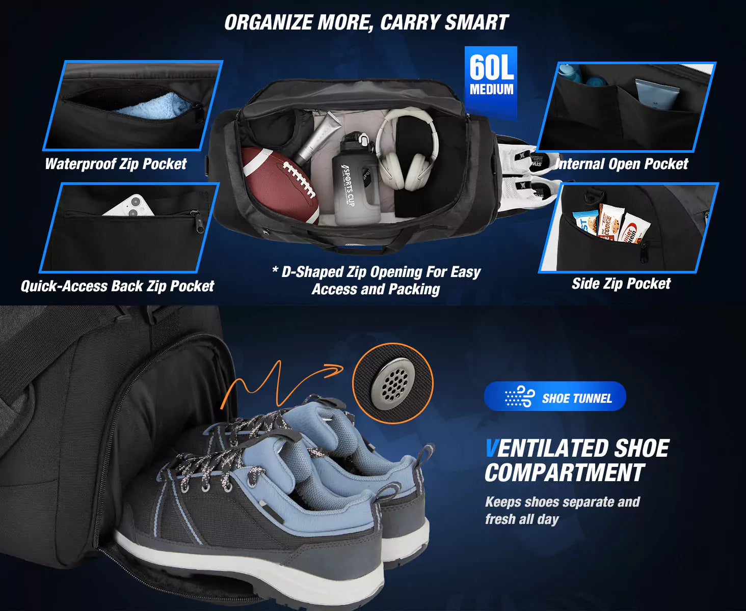 Gonex gym duffle bag 60L with shoe compartment
