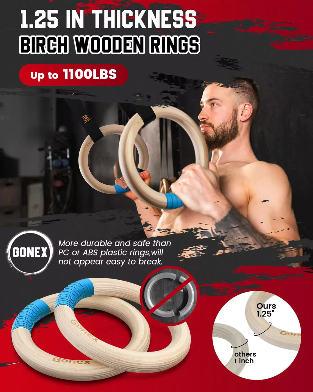 1.25 in thickness birch wooden gymnastics rings