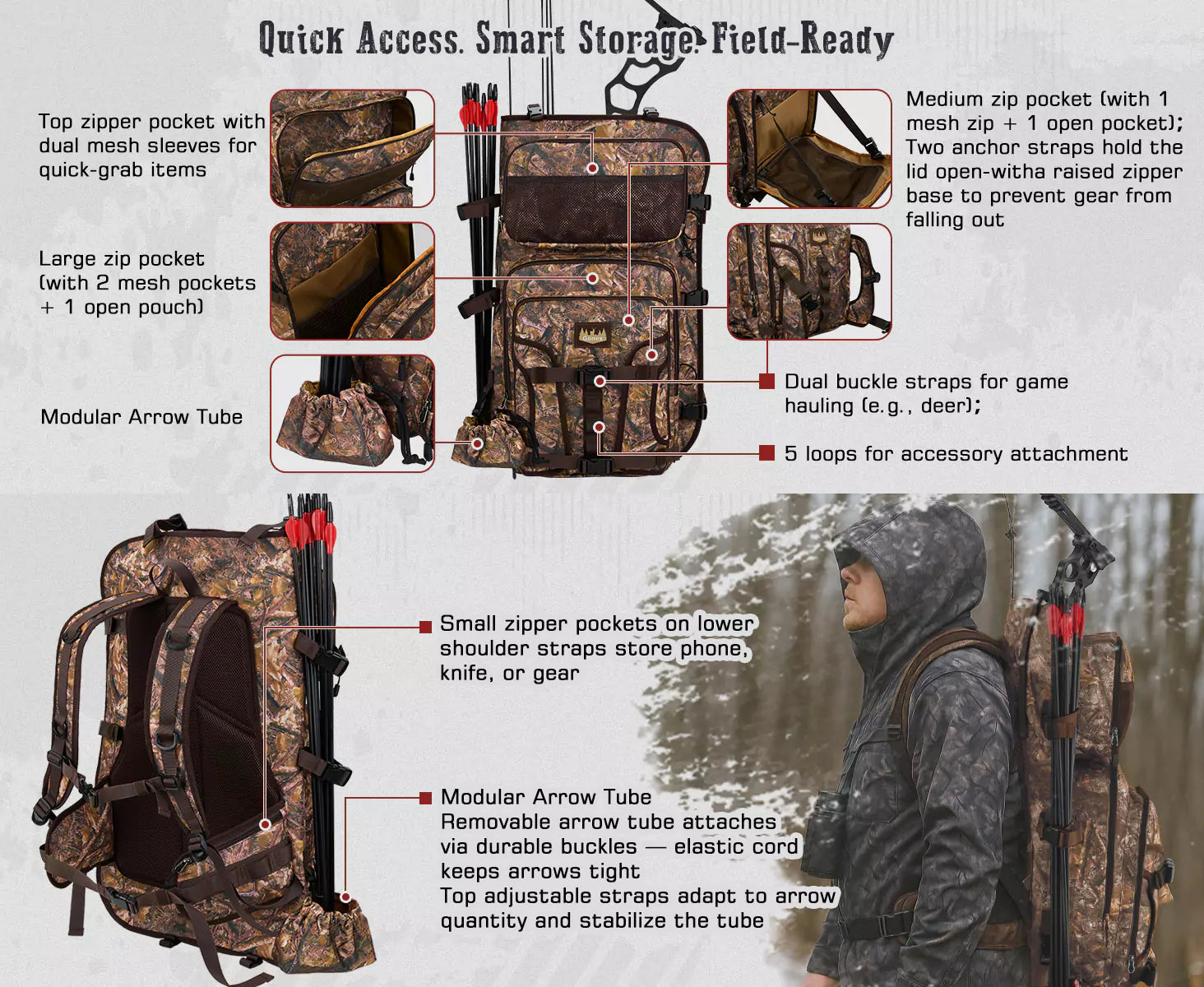 Gonex hunting gear backpack with arrow tube