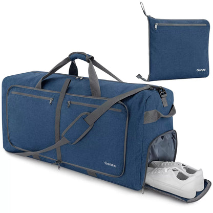 Blue duffel bag with gray straps and a smaller blue pouch