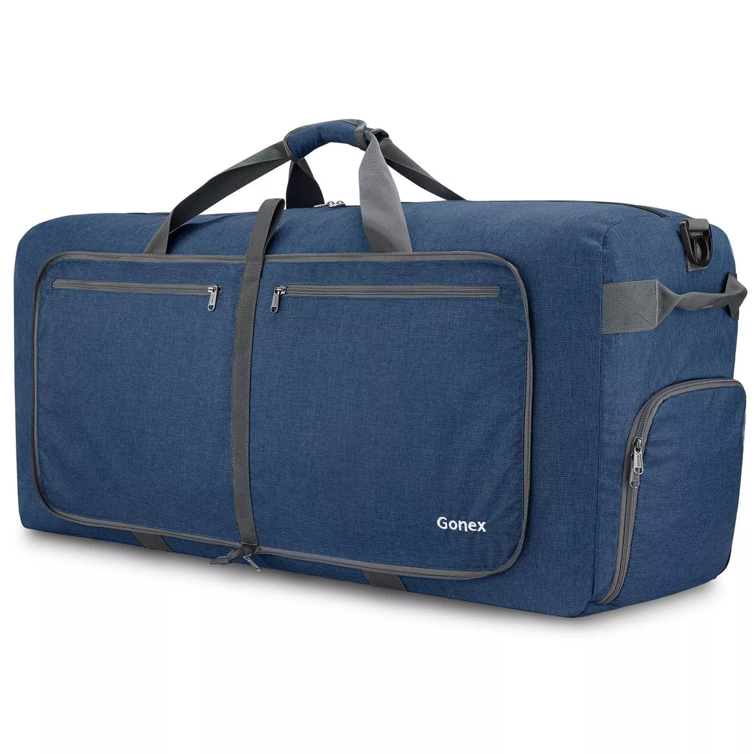 Gonex blue polyester fabric foldable duffel bag with gray straps 150l
