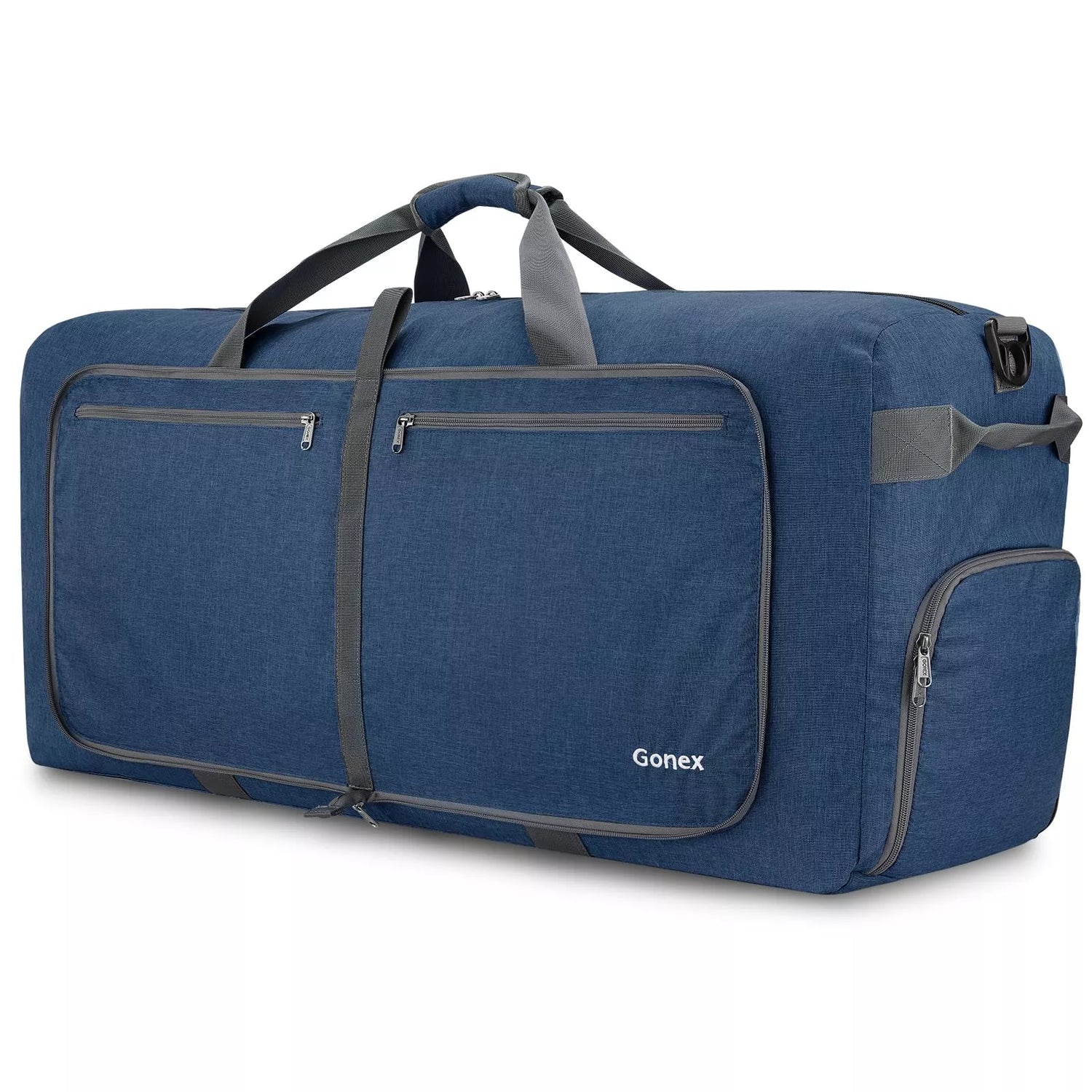 Gonex blue polyester fabric foldable duffel bag with gray straps 150l