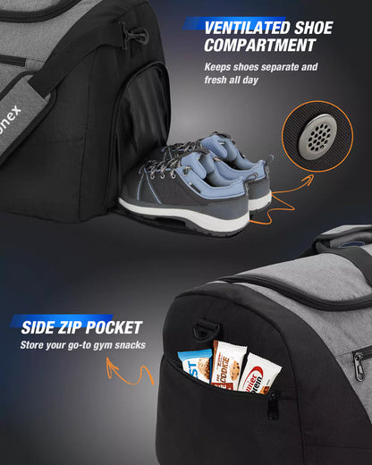 100L sports duffle bags for men with shoe compartment and side zip pocket
