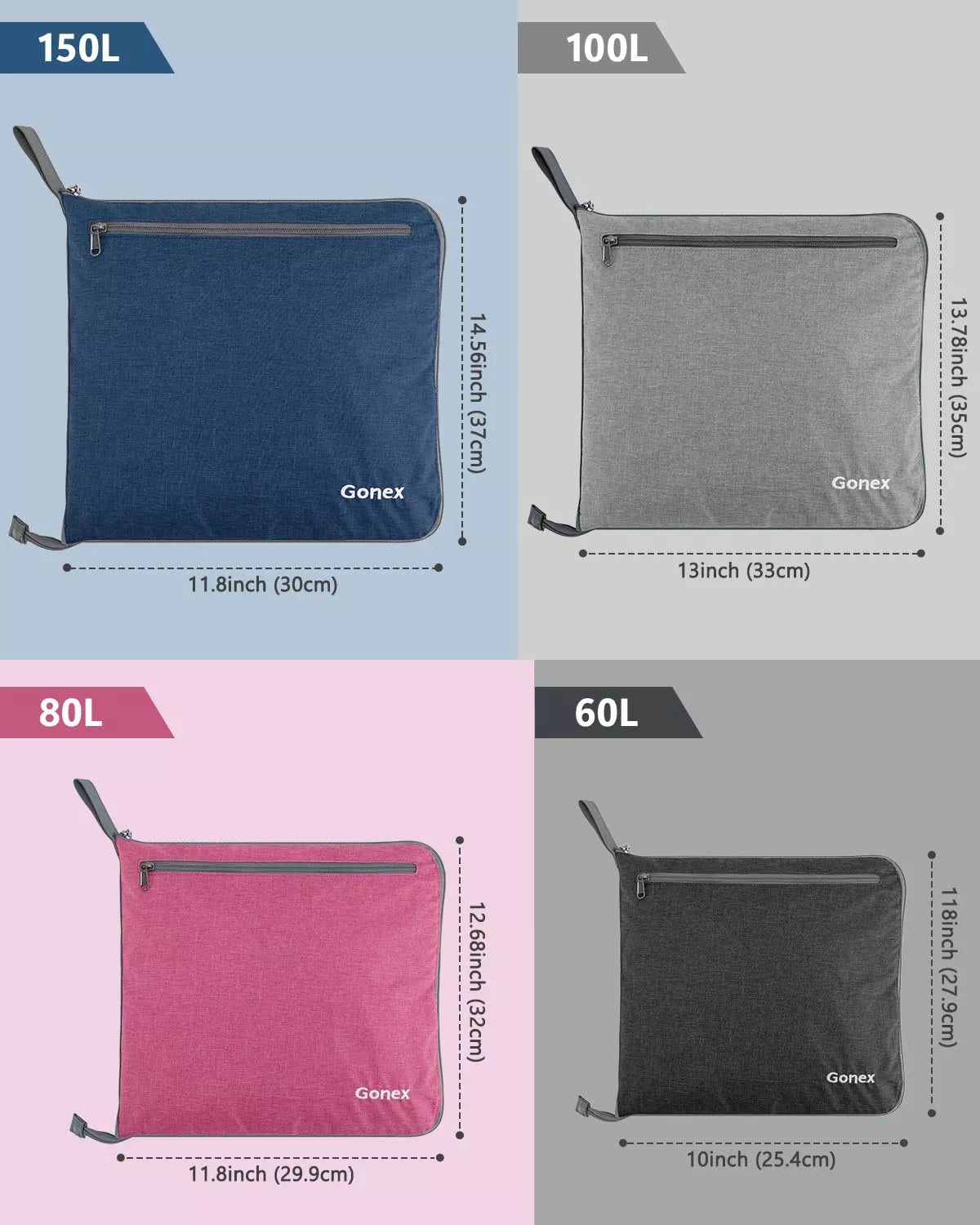 Gonex duffle bags in different sizes with dimensions