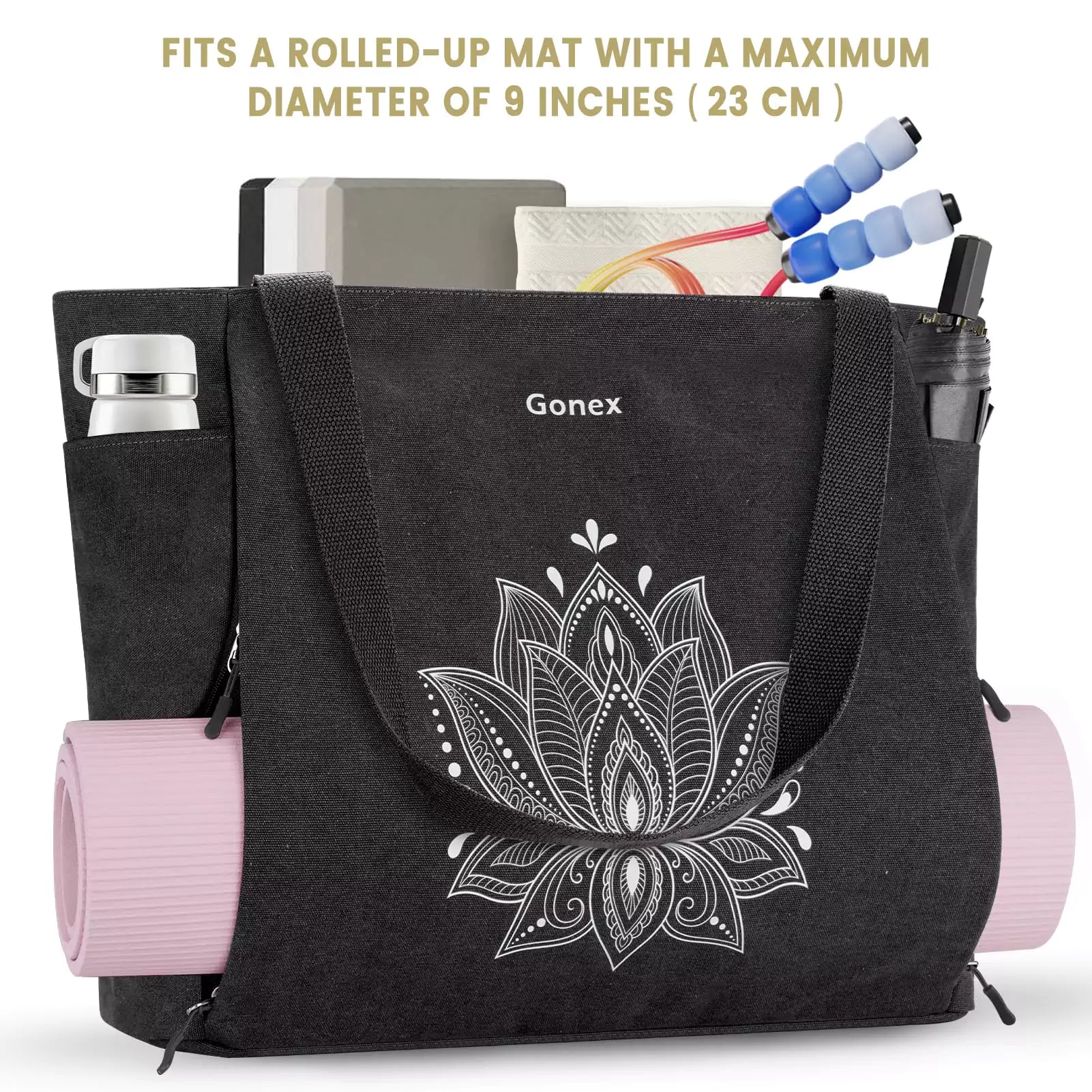 Gonex travelling yoga mat fits a rolled-up mat with a maximum diameter of 9 inches