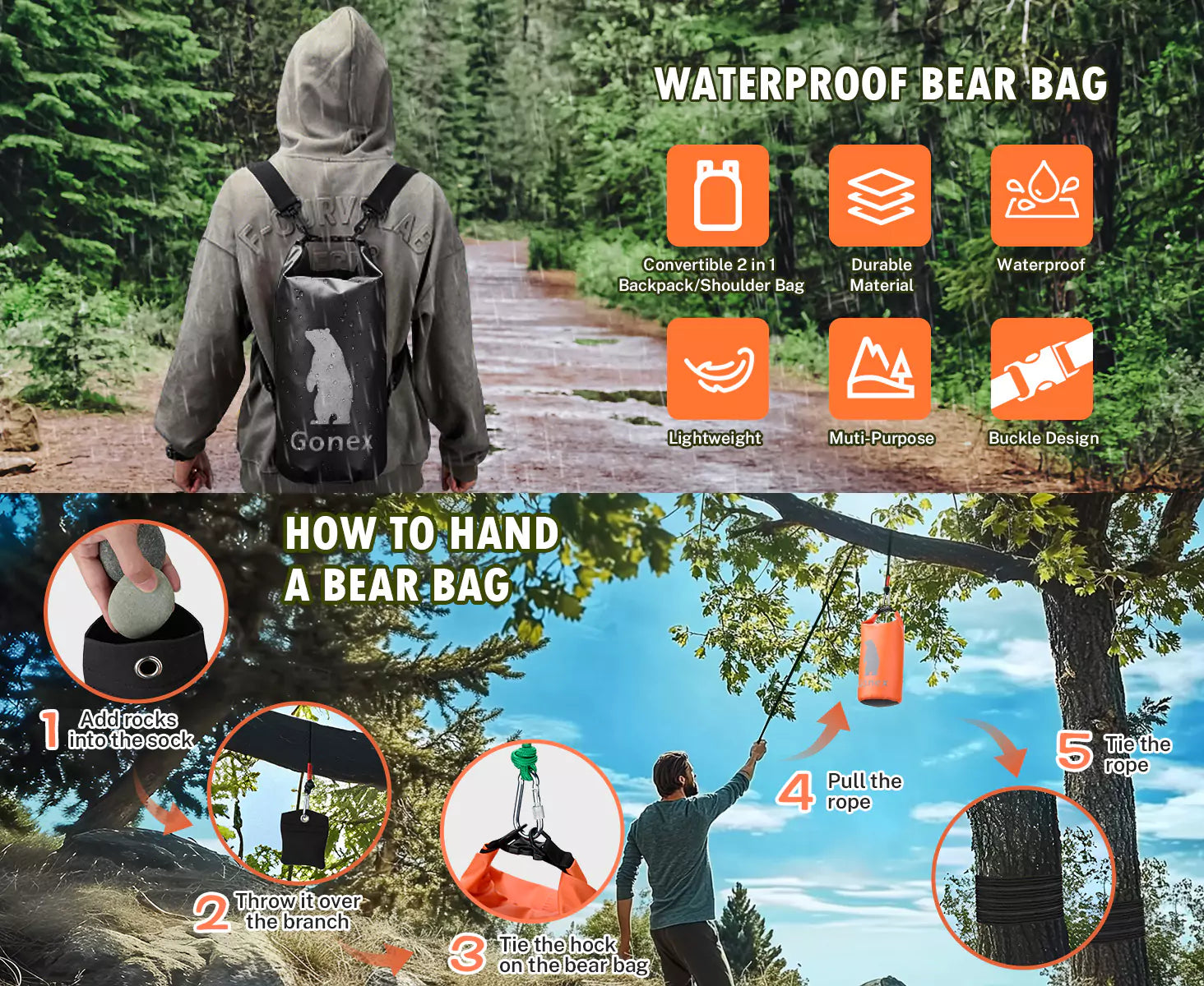 Waterproof bear bag features and guidance