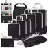 Set of black travel bags with various compartments and a makeup organizer
