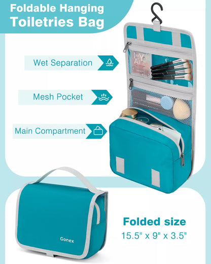 Teal toiletries bag with hanging hook, mesh pocket, and main compartment
